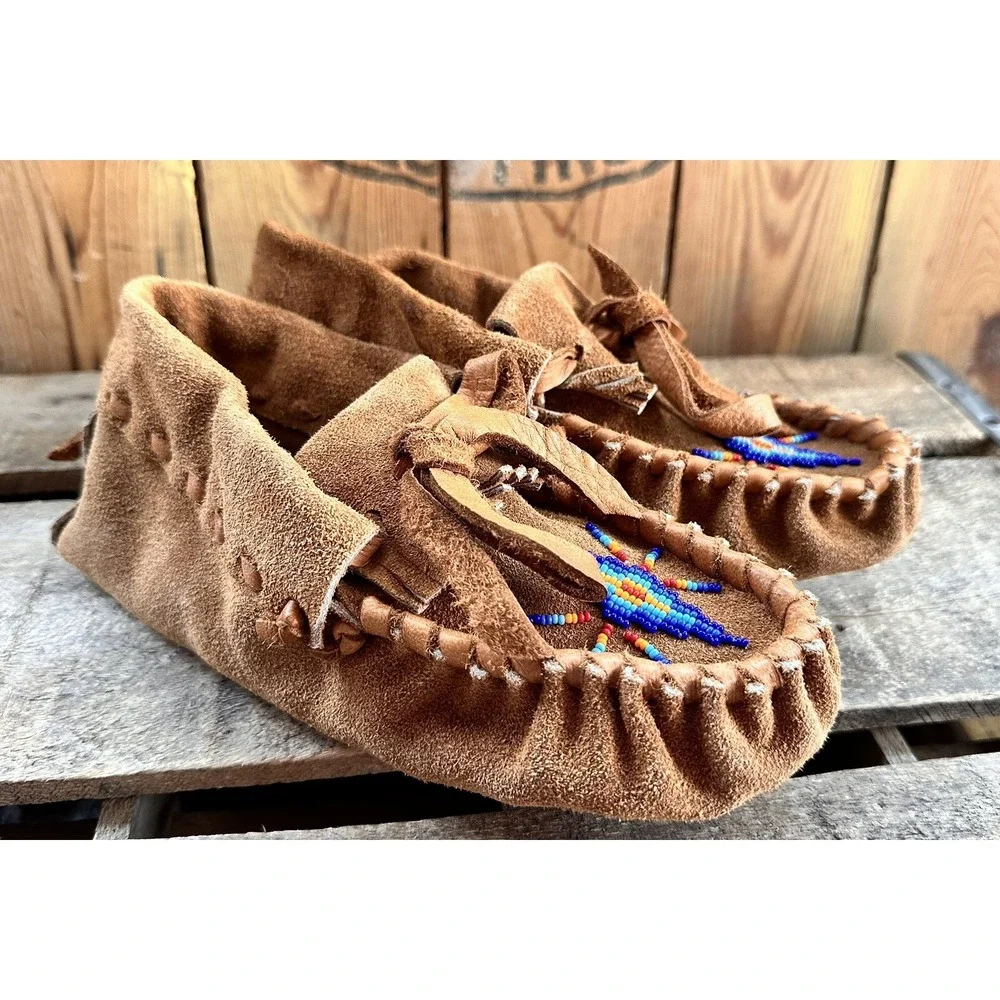 Moccasins Beaded Shoes Cosplay Native Sheepskin Insoles Soft Size 1.5 Kids